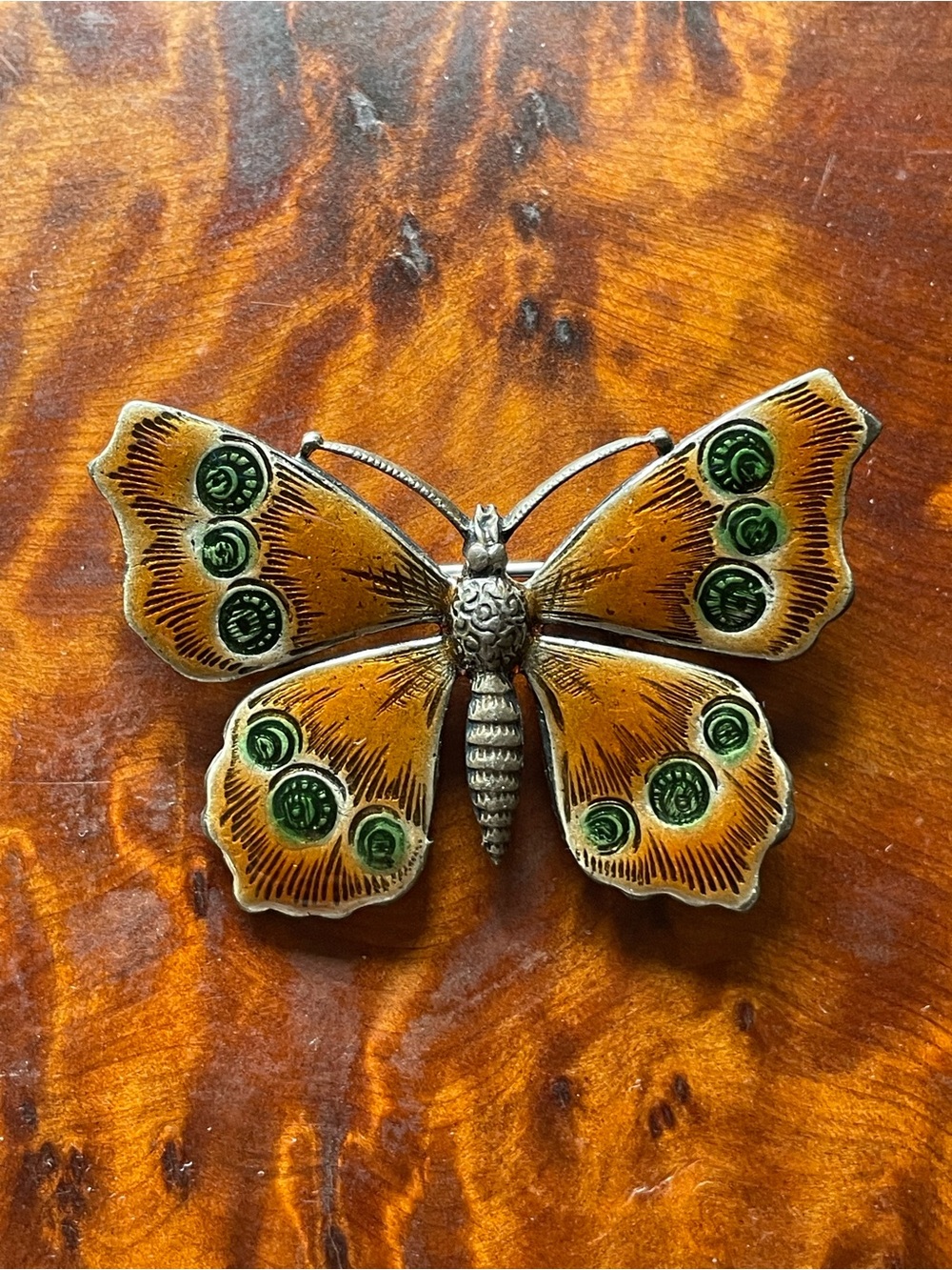 Vintage Catherine Popesco France Deco Enamel Butterfly Brooch Pin Orange & Green